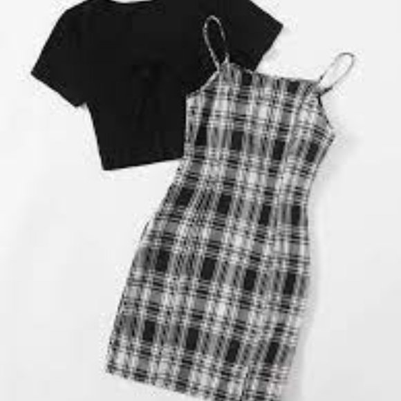 Solid Ribbed Tie Front Crop Top & Plaid Dress - Picture 3 of 4